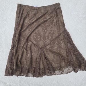 Vintage Newport News Brown Floral Lace Midi Skirt - Lined - Y2K Fairycore Sz M